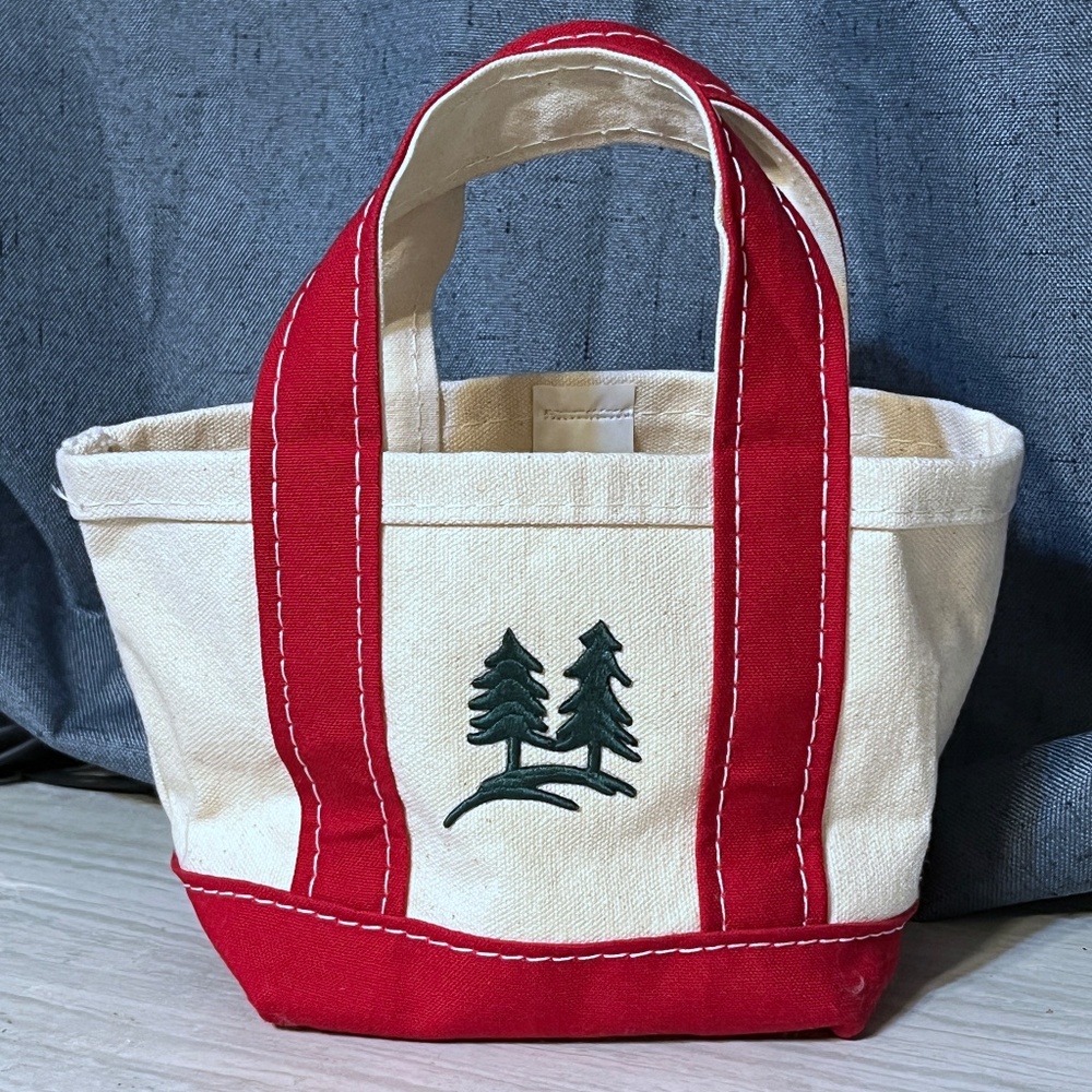 LL Bean Mini Boat Tote Bag Canvas Embroidered w/ Christmas Evergreen Trees LN